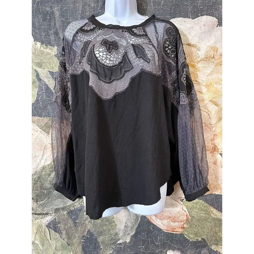 NEW Free People Toni Top Black Mesh Relaxed Fit Size M